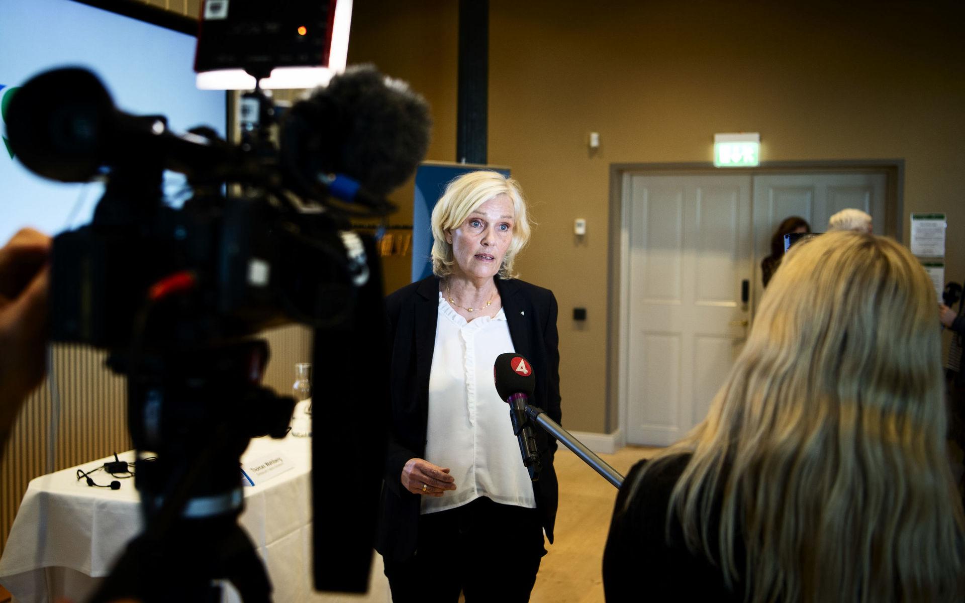 Hälso- och sjukvårdsdirektör Ann Söderström intervjuas på presskonferens. 