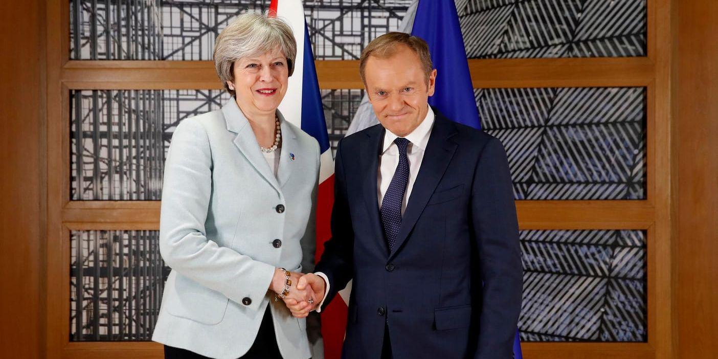 Storbritanniens premiärminister Theresa May träffar EU:s permanente rådsordförande Donald Tusk.