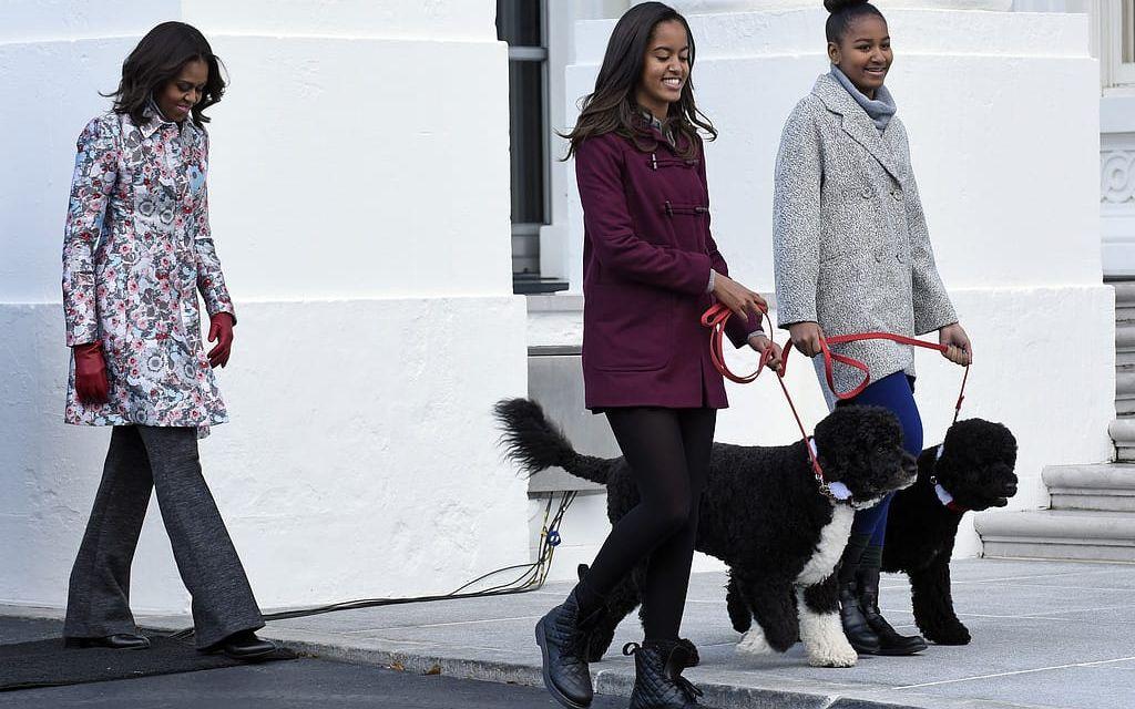 Bo och Sunny med Obamadöttrarna och Michelle. Bild: TT