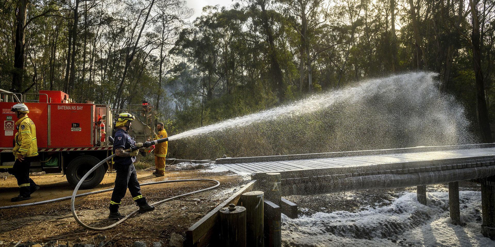 Elden är på reträtt, men brandbekämpningen fortsätter i New South Wales. Bild från Moruya vid delstatens södra kust i januari.