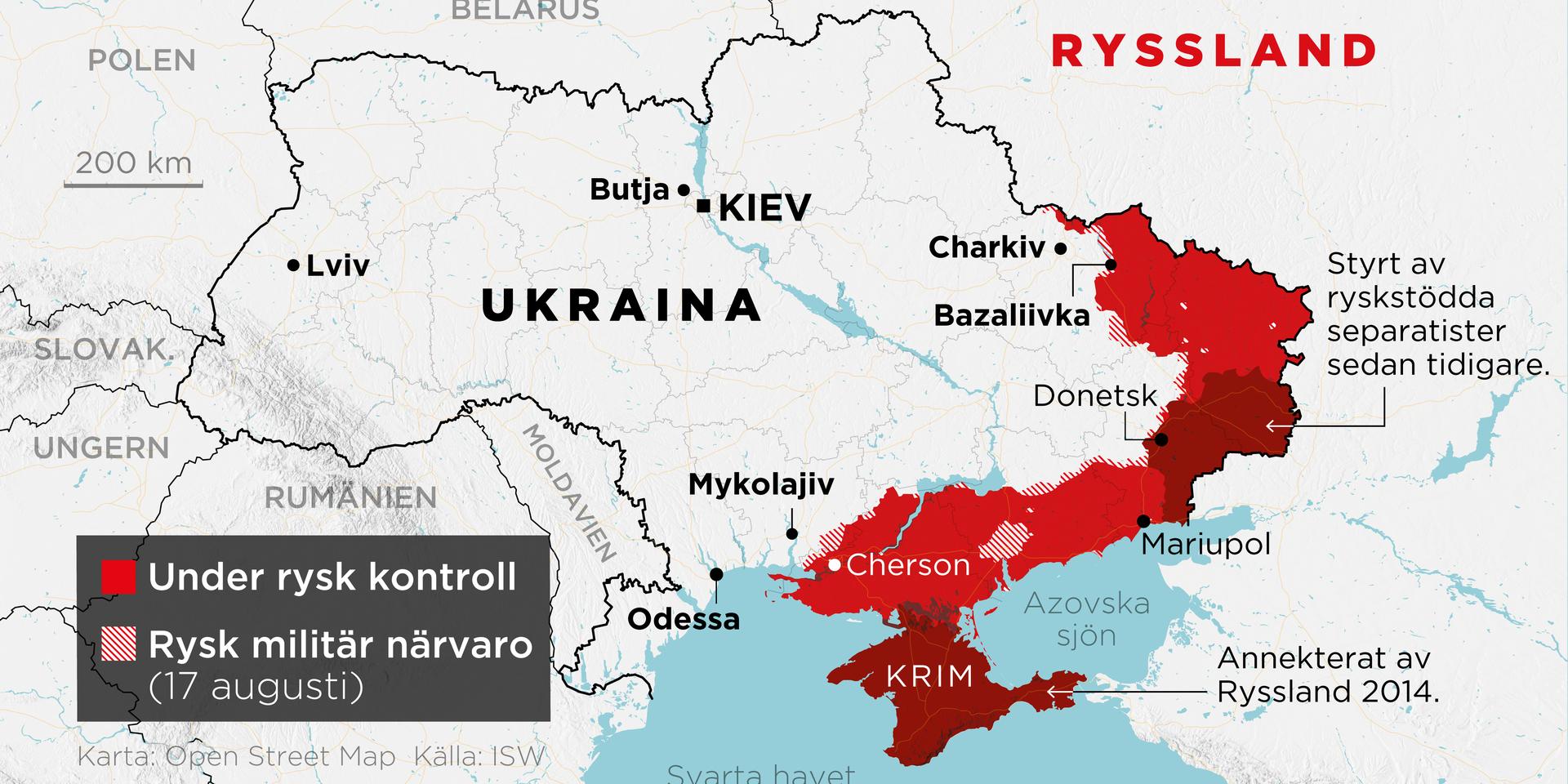 Områden under rysk kontroll samt områden med rysk militär närvaro den 17 augusti.