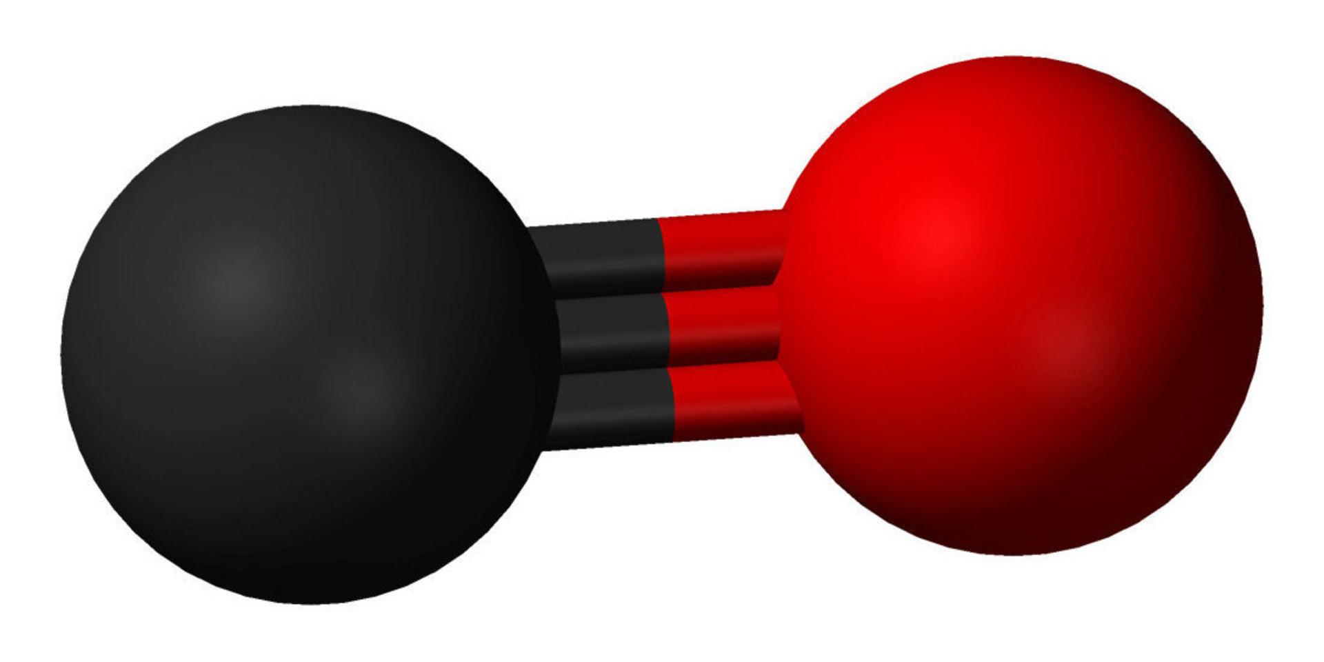 Kolmonooxid består av en kolatom (svart) och en syreatom (röd). 