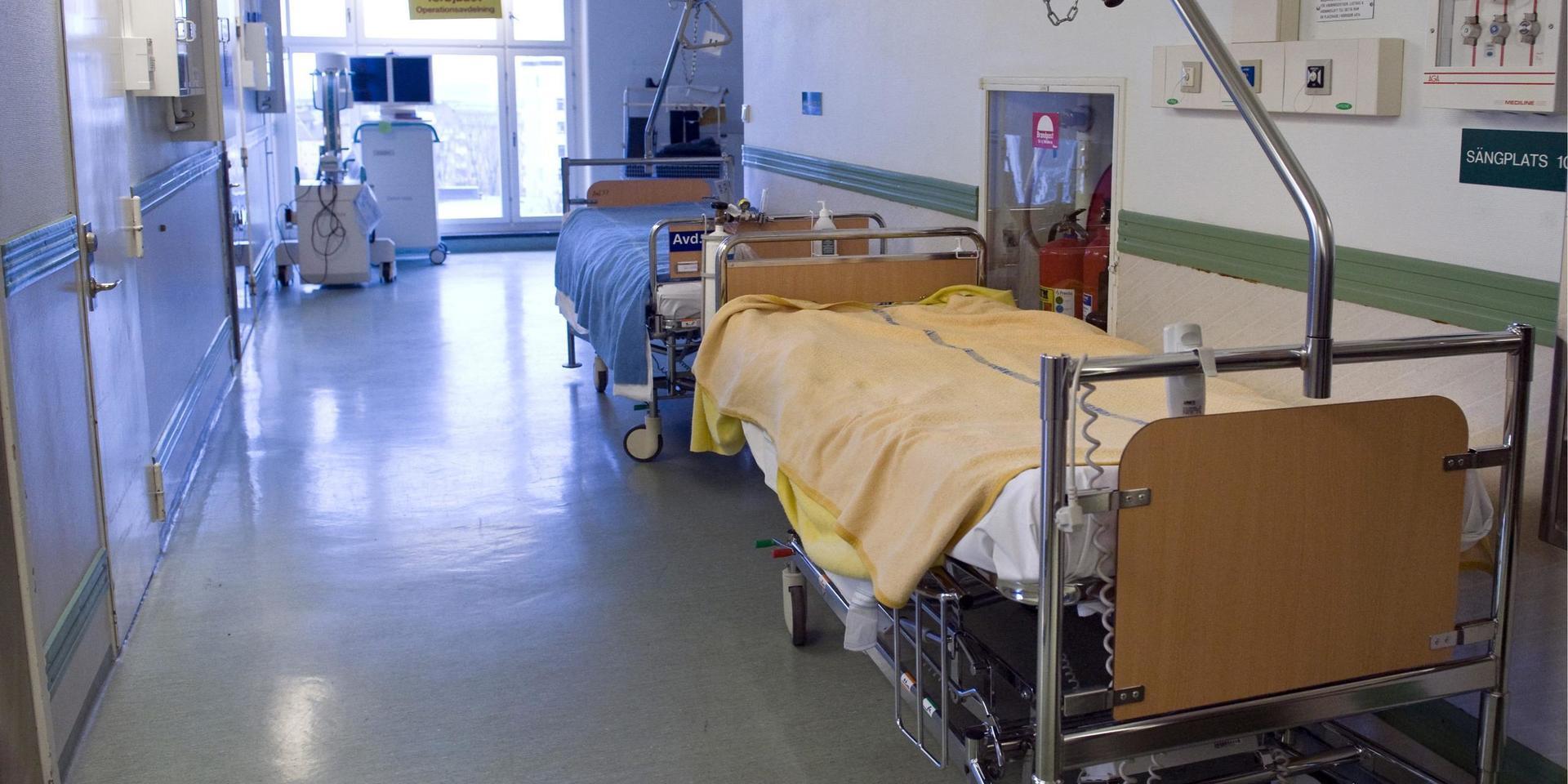 Tom sjukhuskorridor med sängar.