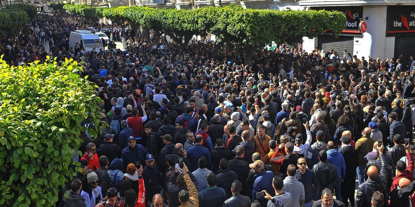 Den demonstrerande folkmassan i huvudstaden Alger på söndagen.