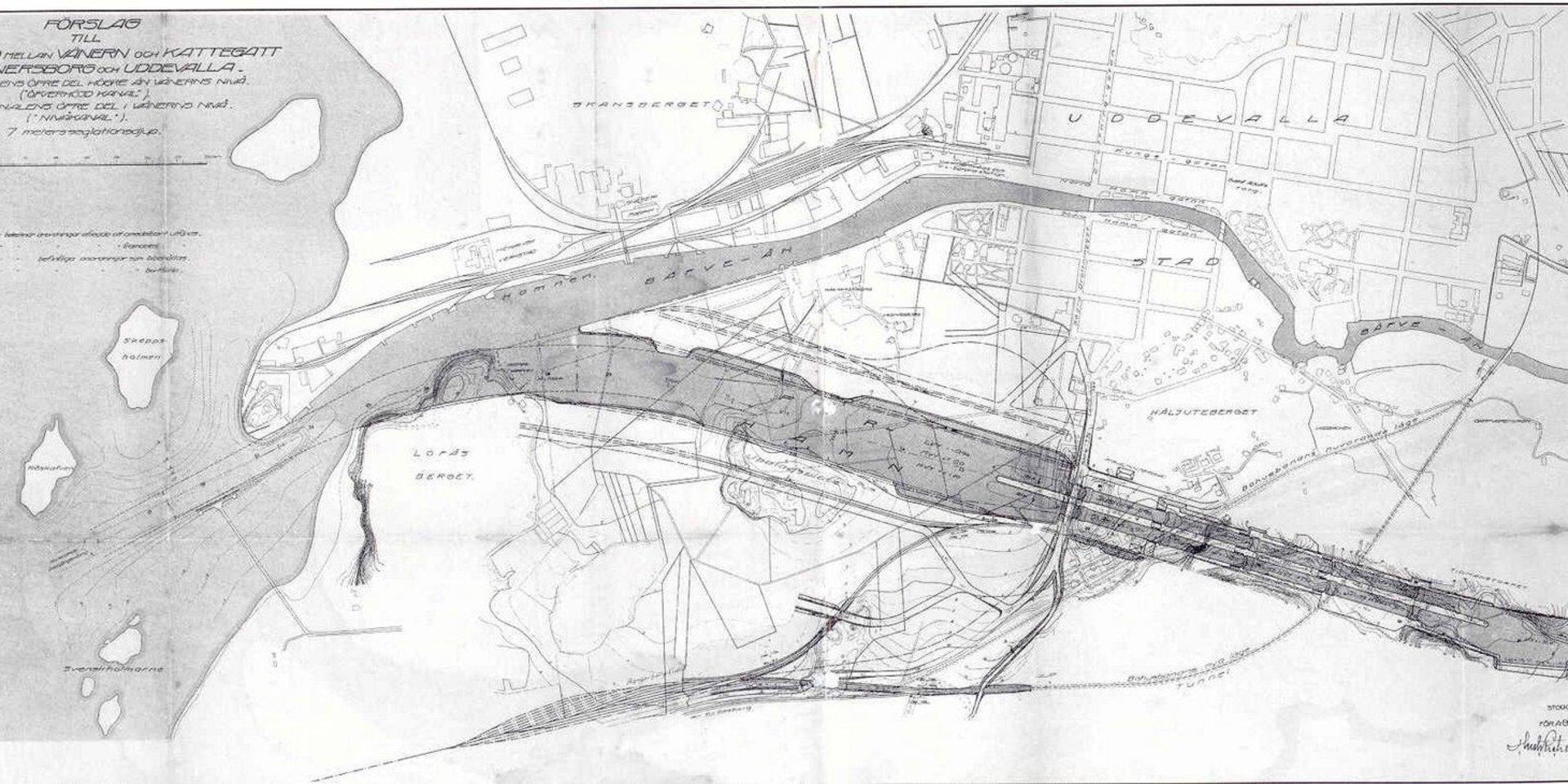 Förslag från början av seklet hur en kanal från Vänern till Uddevalla ska gå genom staden. 