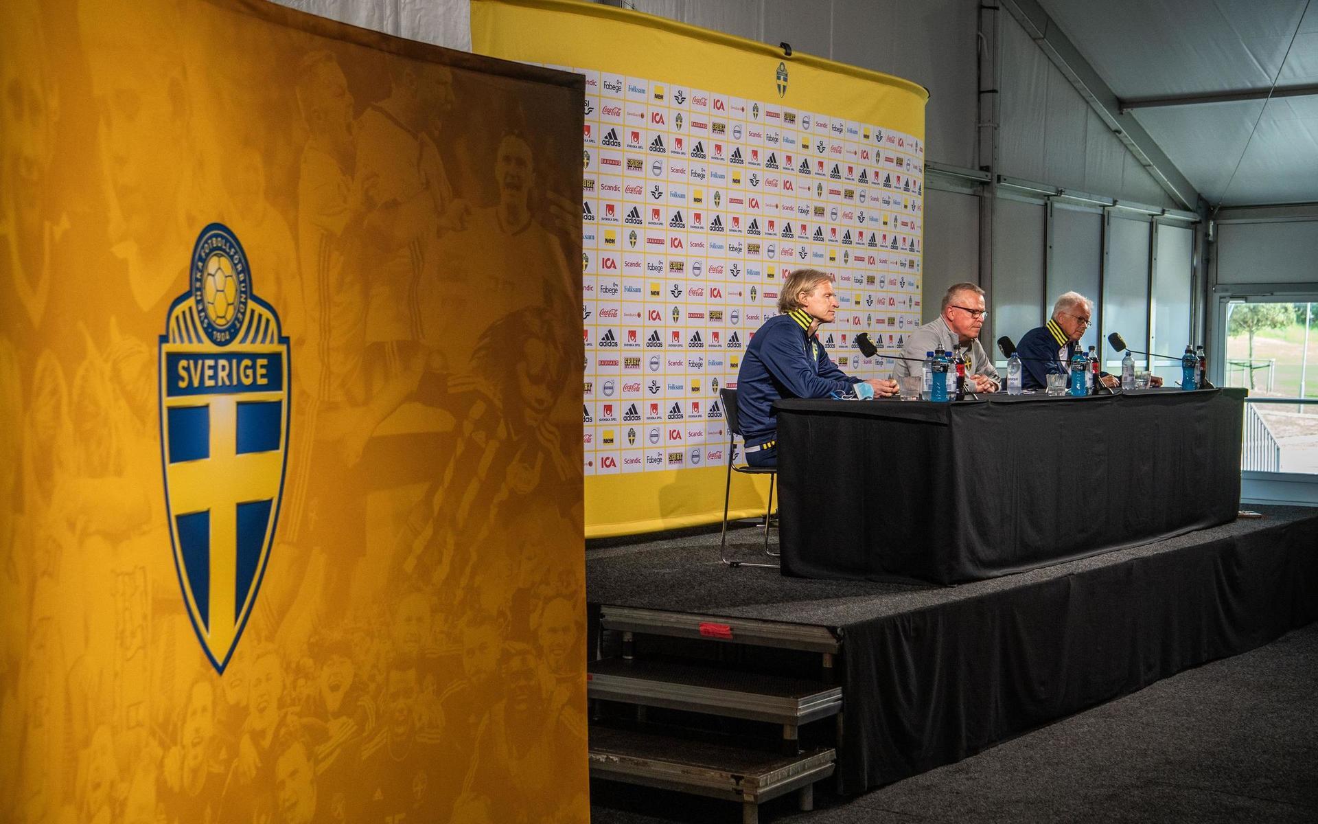 Team manager Stefan Pettersson, Janne Andersson, head coach and team doctor Anders Valentin of the Swedish national football team at a press conference ahead of the UEFA Euro 2020 Football Championship on June 8, 2021 in Gothenburg. 