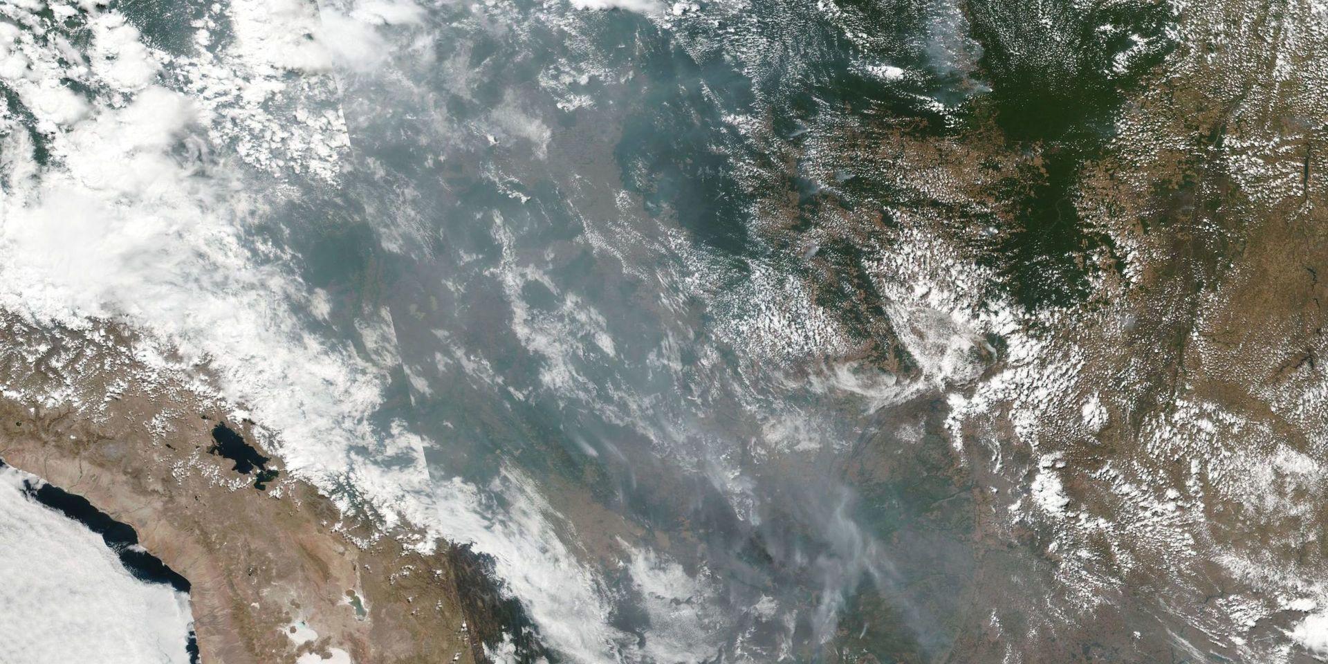 Satellitbild från Nasa som visar bränderna i Amazonas regnskog.