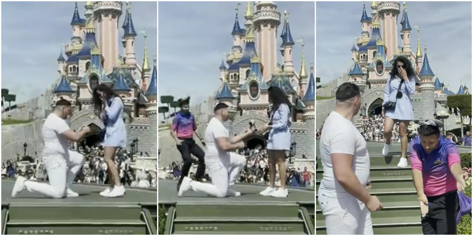 Efter att en anställd hastigt avbröt ett frieri på Disneyland i Paris har Disney bett om ursäkt till paret. 