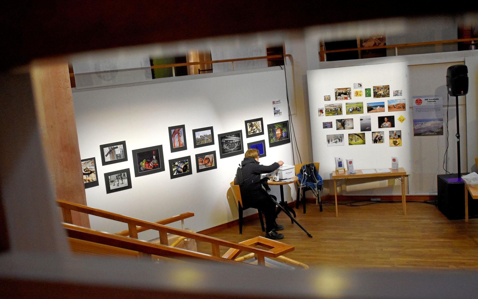 Tolv oramade fotografier hänger på väggen som omger scenen på Bohusläns museum. 