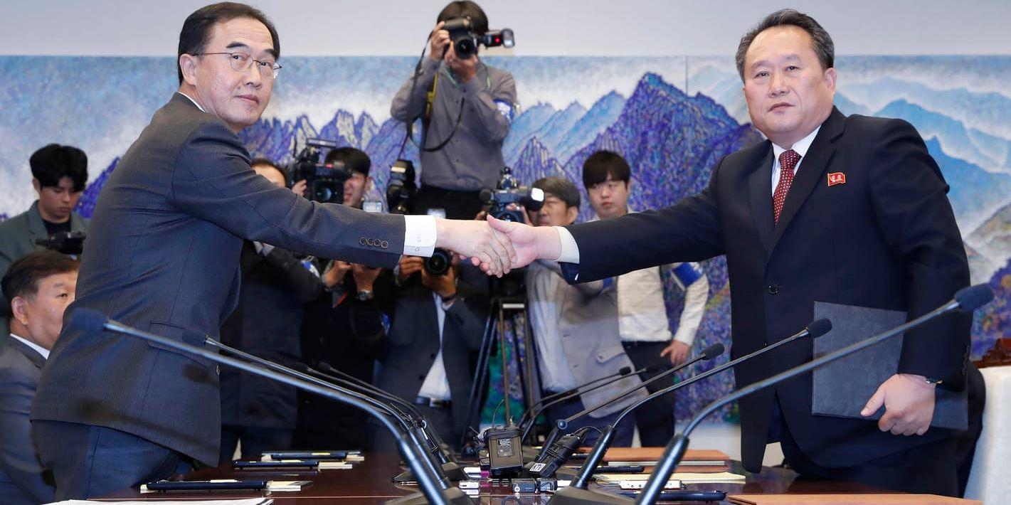 Sydkoreas återföreningsminister Cho Myoung-Gyon skakar hand med sin motpart Ri Son Gwon efter ett möte vid gränsbyn Panmunjom den 15 oktober.