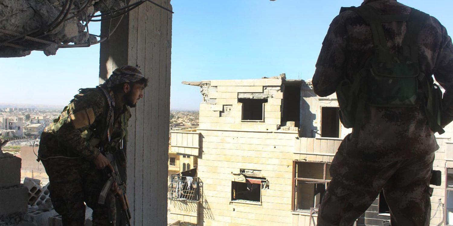 På bilden, som tagits av den kurdisk-arabiska milisen, syns SDF-medlemmar i strid med IS i staden al-Raqqa 2017. Arkivbild.