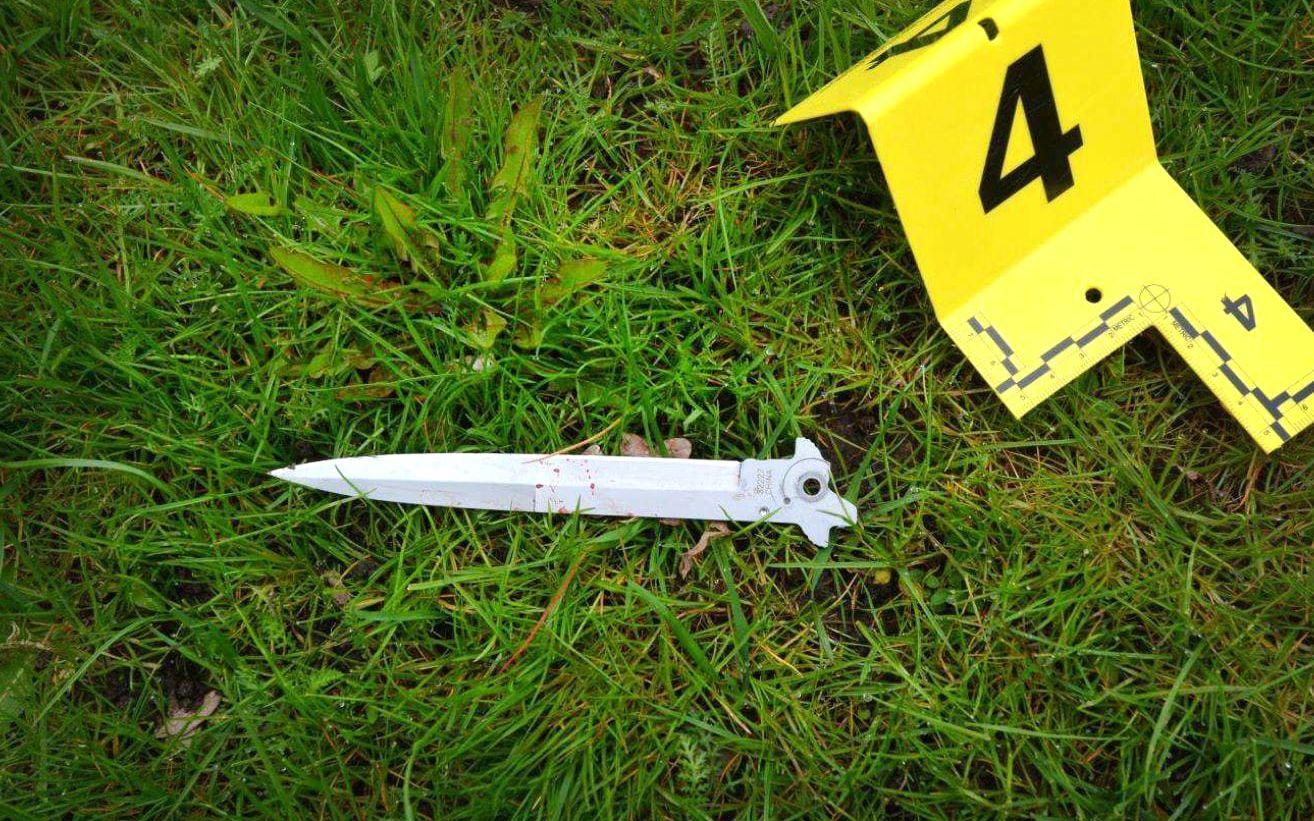 Knivbladet låg i gräset. Foto: Polisen