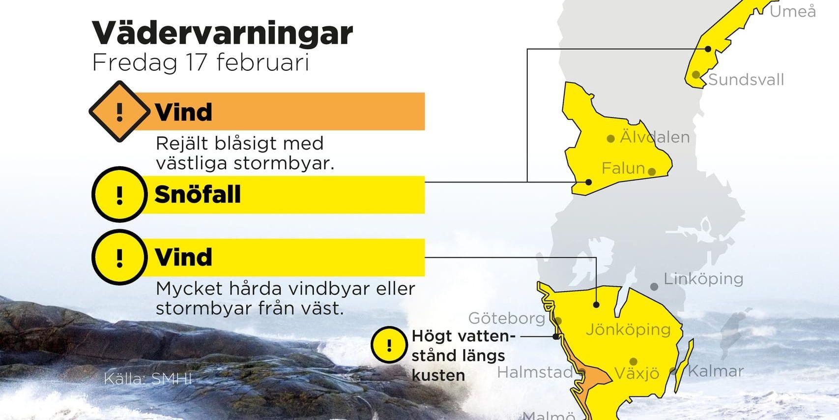 SMHI har utfärdat varningar för vind, höga vattenstånd och snöfall under fredagen.