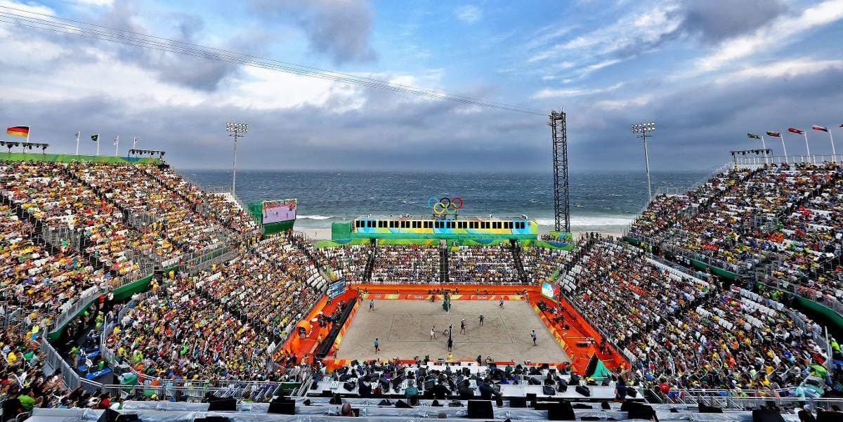 Beachvolleyarenan på Copacabana där bland annat finalen kommer att spelas.