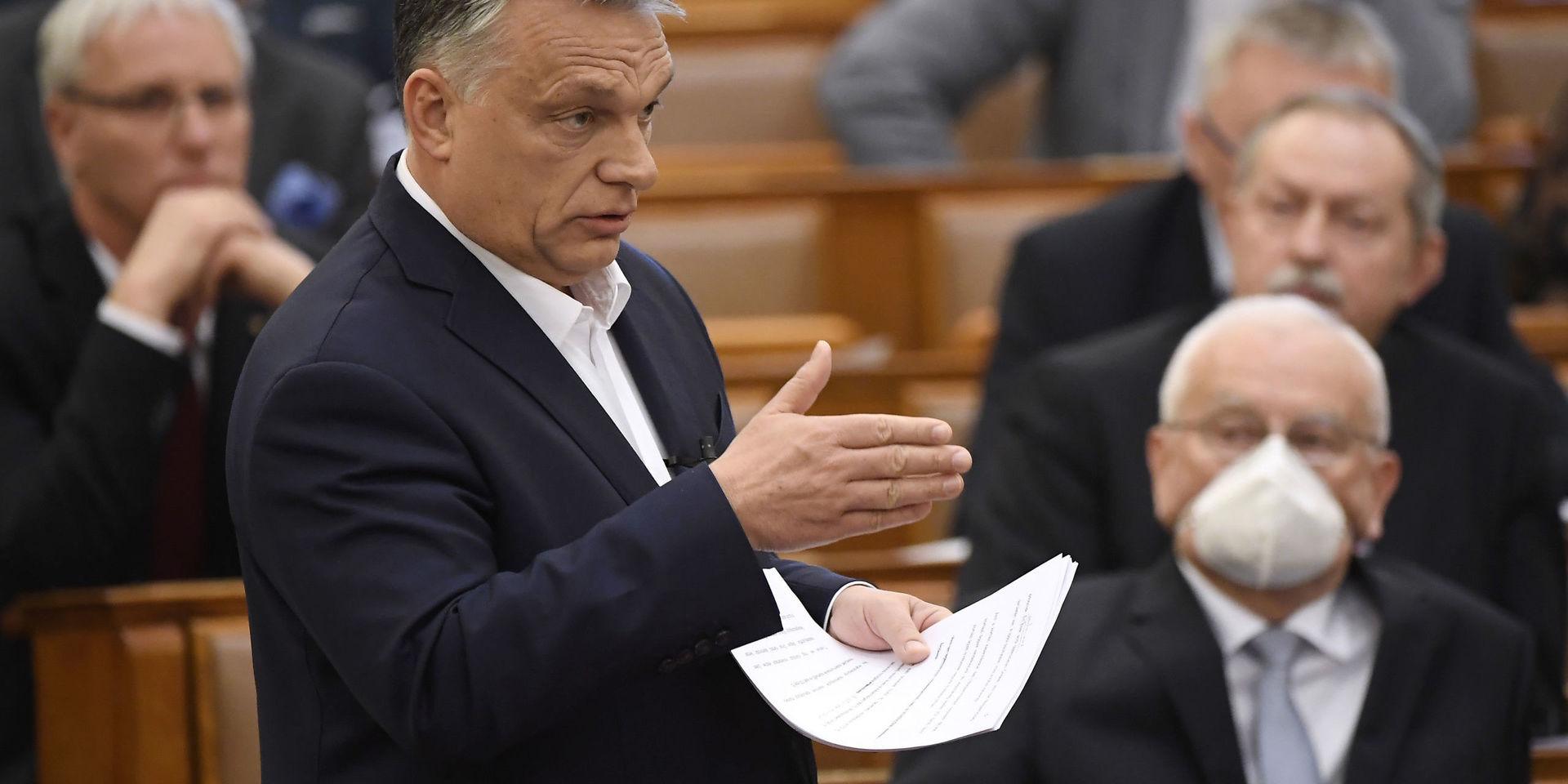 Ungerns premiärminister Viktor Orbán inför det ungerska parlamentet i måndags. Arkivfoto.