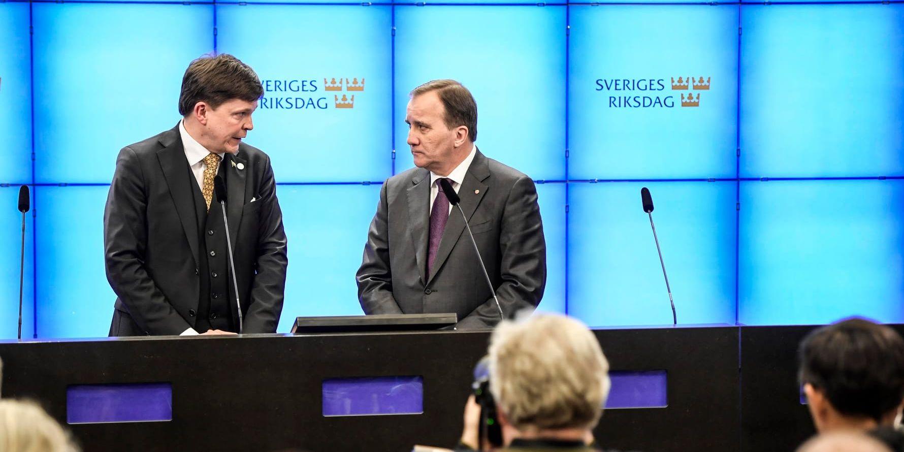 Talmannen Andreas Norlén och statsminister Stefan Löfven på en presskonferens under de sista, dramatiska dagarna i regeringsbildandet i januari. Arkivbild.