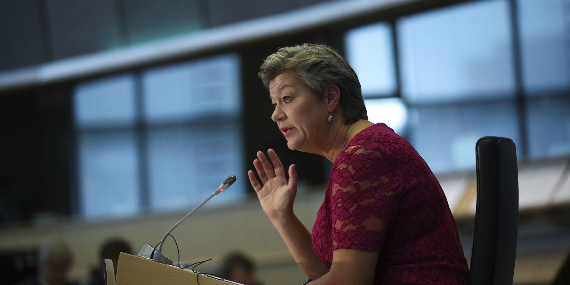 European Commissioner designate for Home Affairs Ylva Johansson answers questions during her hearing at the European Parliament in Brussels, Tuesday, Oct. 1, 2019. (AP Photo/Francisco Seco)  FS130