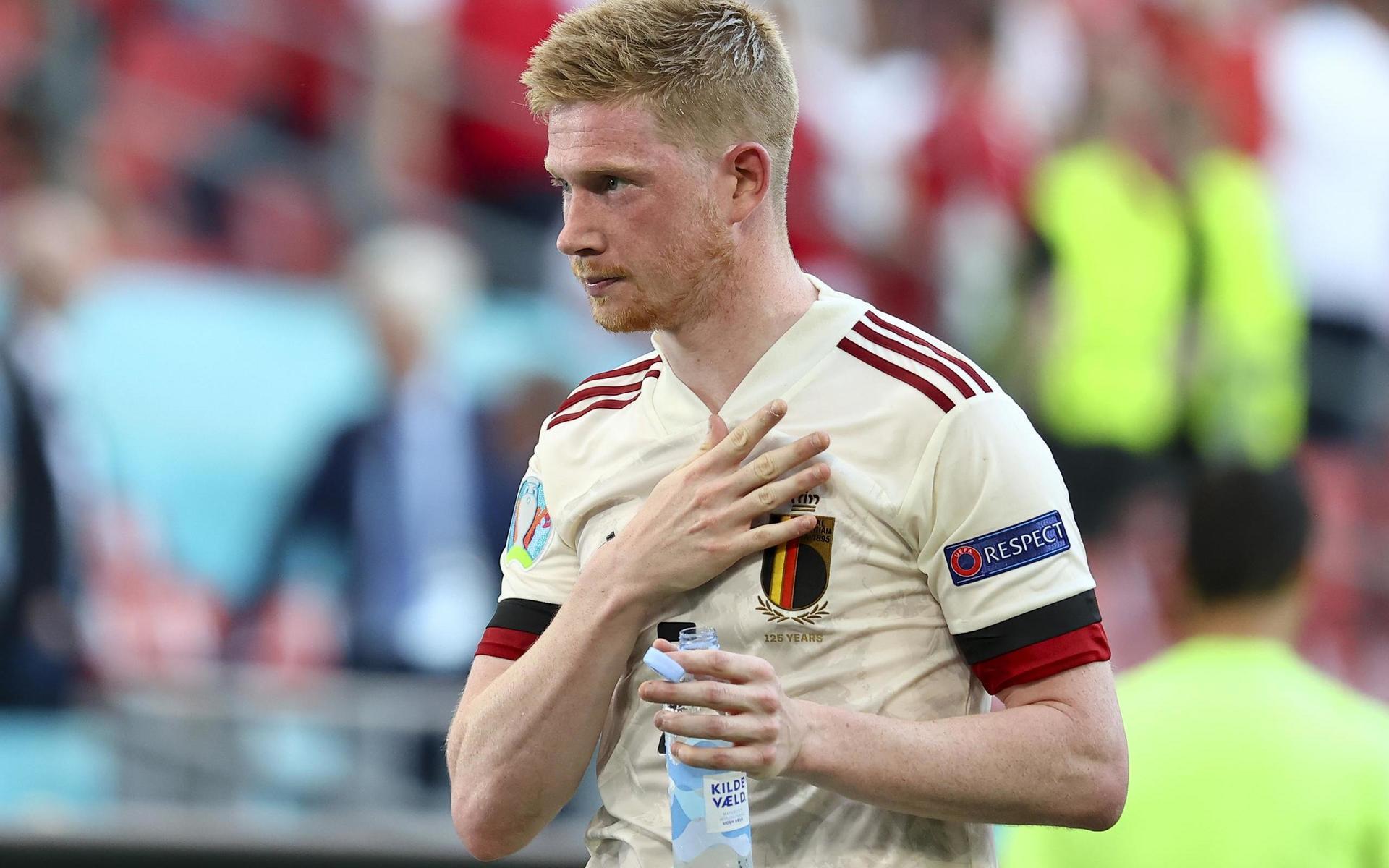 Belgium&apos;s Kevin De Bruyne celebrates his side&apos;s 2-1 win after the Euro 2020 soccer championship group B match between Denmark and Belgium, at the Parken stadium in Copenhagen, Thursday, June 17, 2021. (Wolfgang Rattay, Pool via AP)  FP233