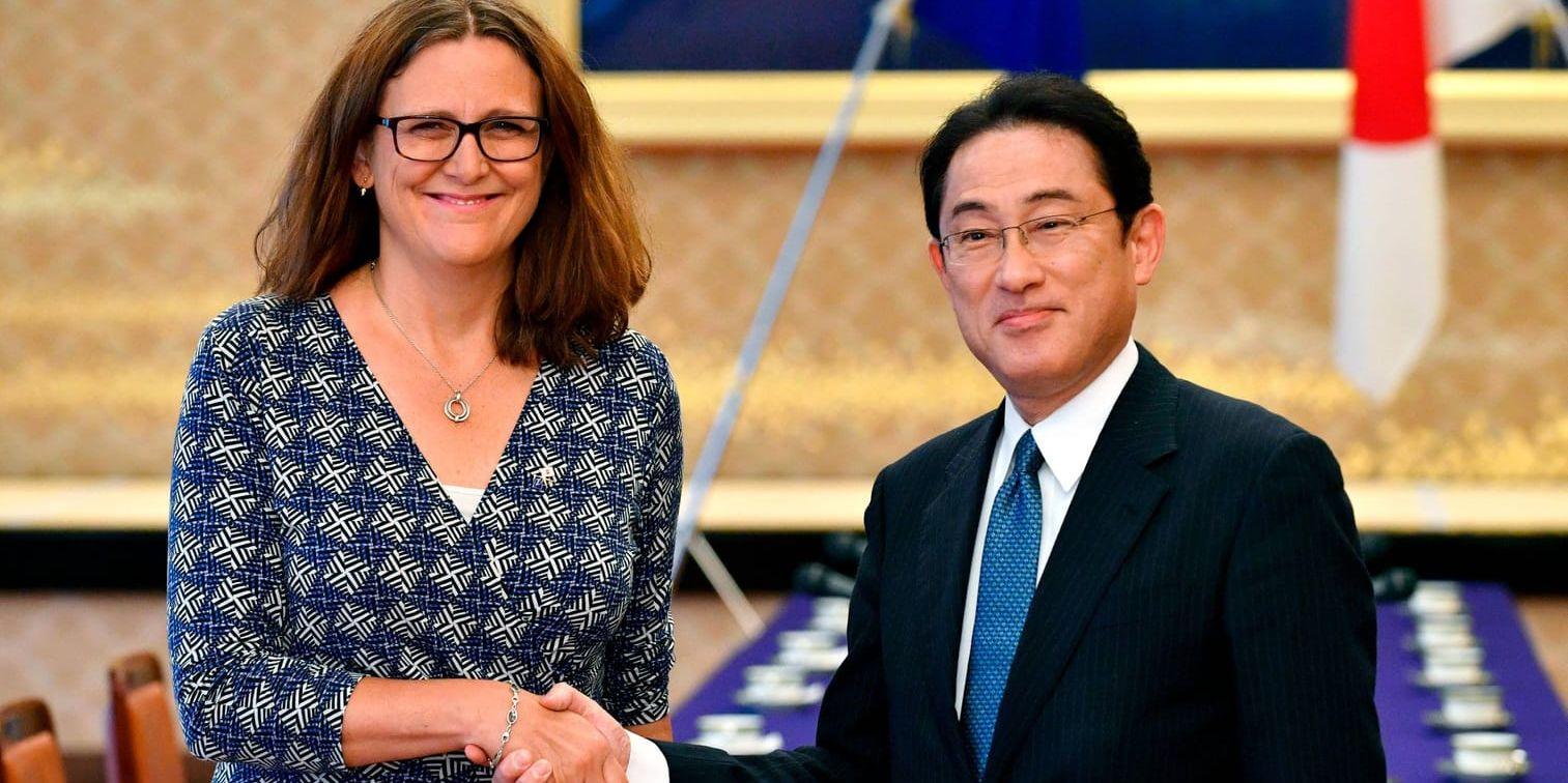 Cecilia Malmström (L), EU-kommissionär med ansvar för handelsfrågor och Japamns utrikesminister Fumio Kishida. Arkivbild.