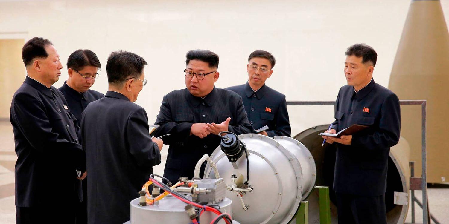 En bild som påstås visa hur diktatorn Kim Jong-Un övervakar när en vätebomb monteras i en robot.