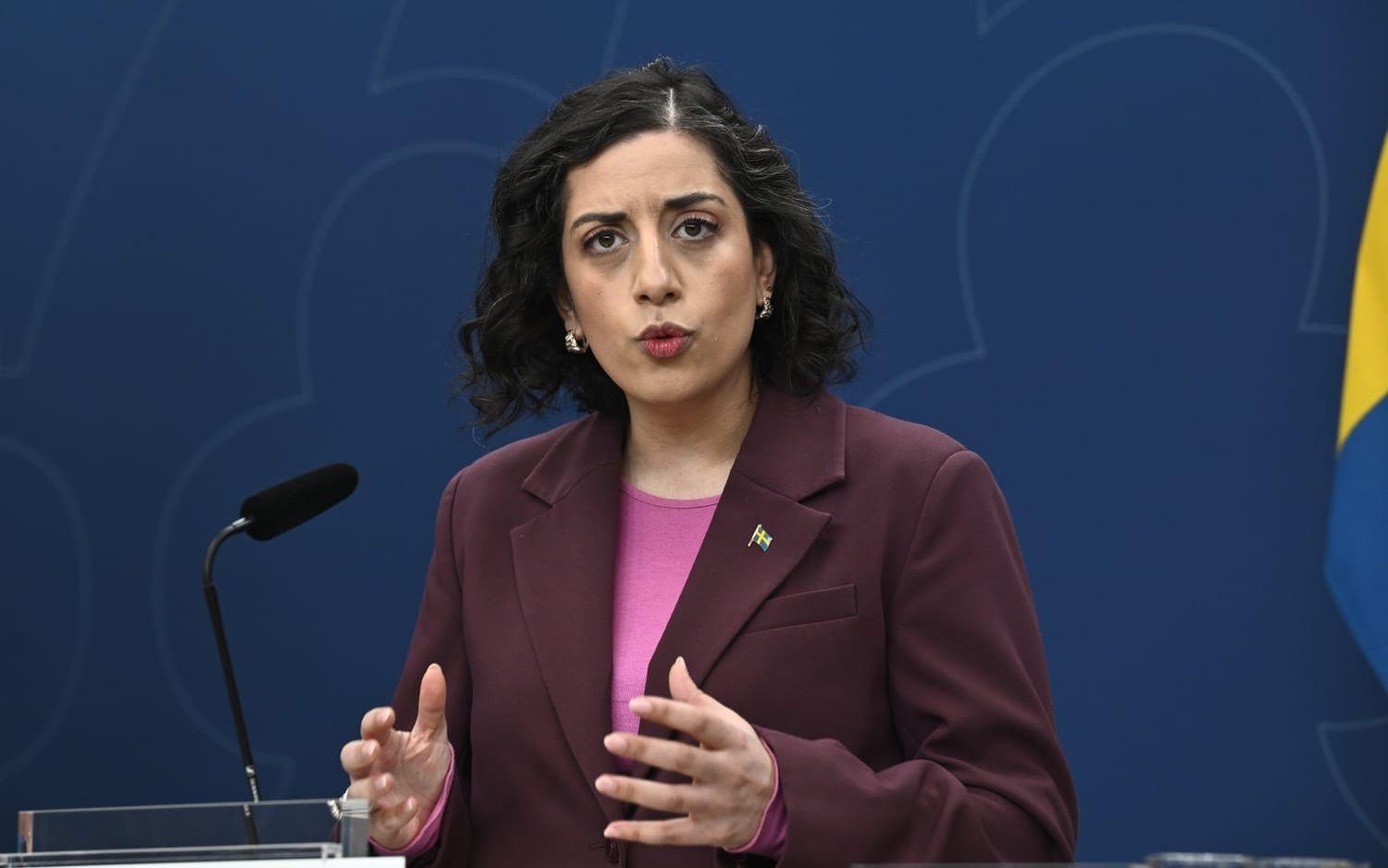 Utbildningsminister Simona Mohamsson (L). Bild från en pressträff tidigare i vår. 