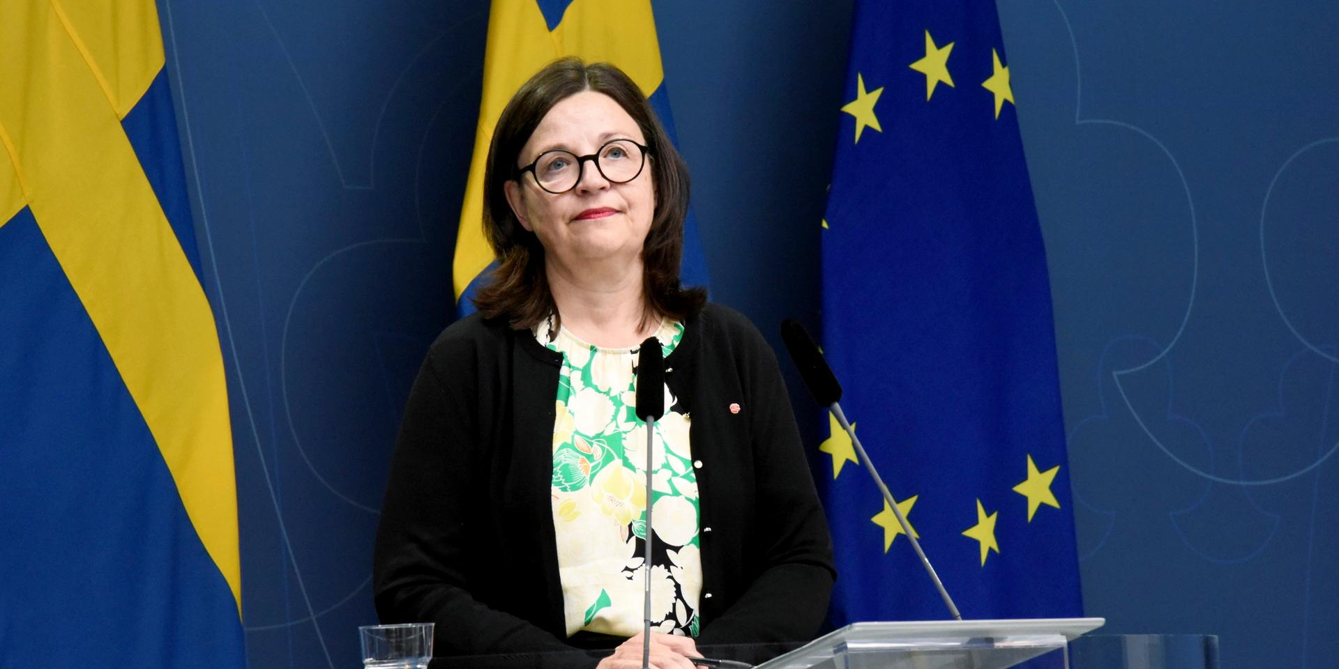 Utbildningsminister Anna Ekström (S) vid torsdagens pressträff.