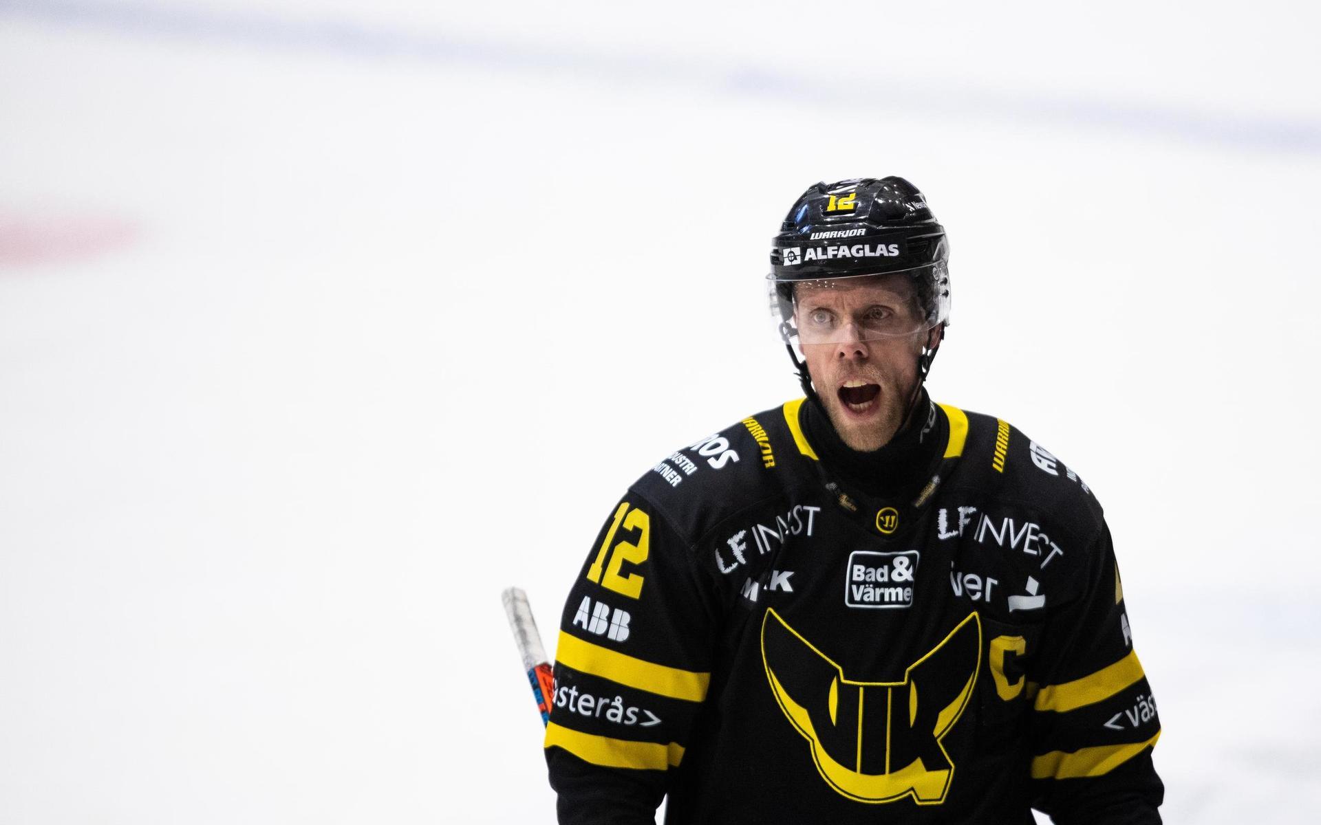 Västerås Fredrik Johansson under ishockeymatchen i Hockeyallsvenskan mellan Västerås och Mora den 12 mars 2021 i Västerås. 
