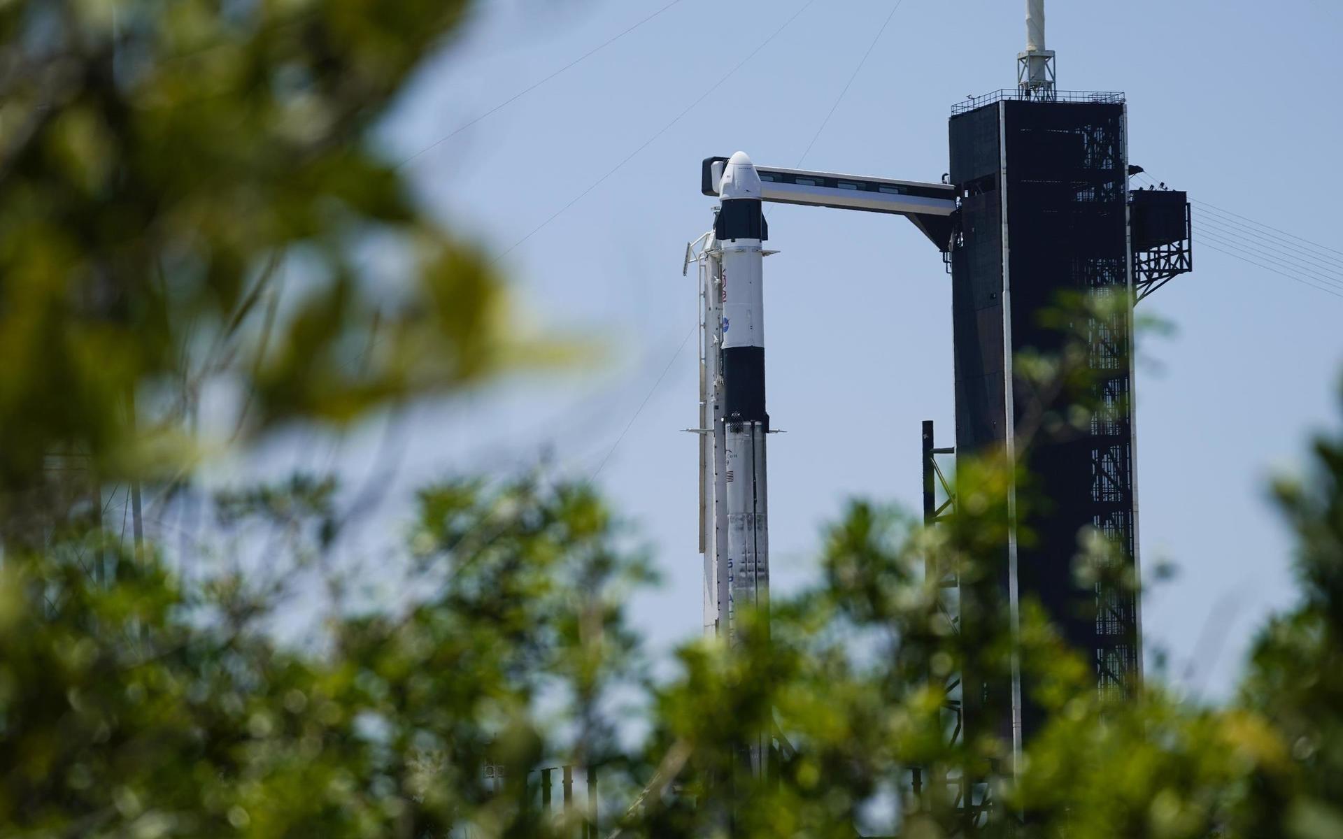 En SpaceX Falcon 9-raket med Crew Dragon-kapsel före start från Kennedy Space Center i Florida.