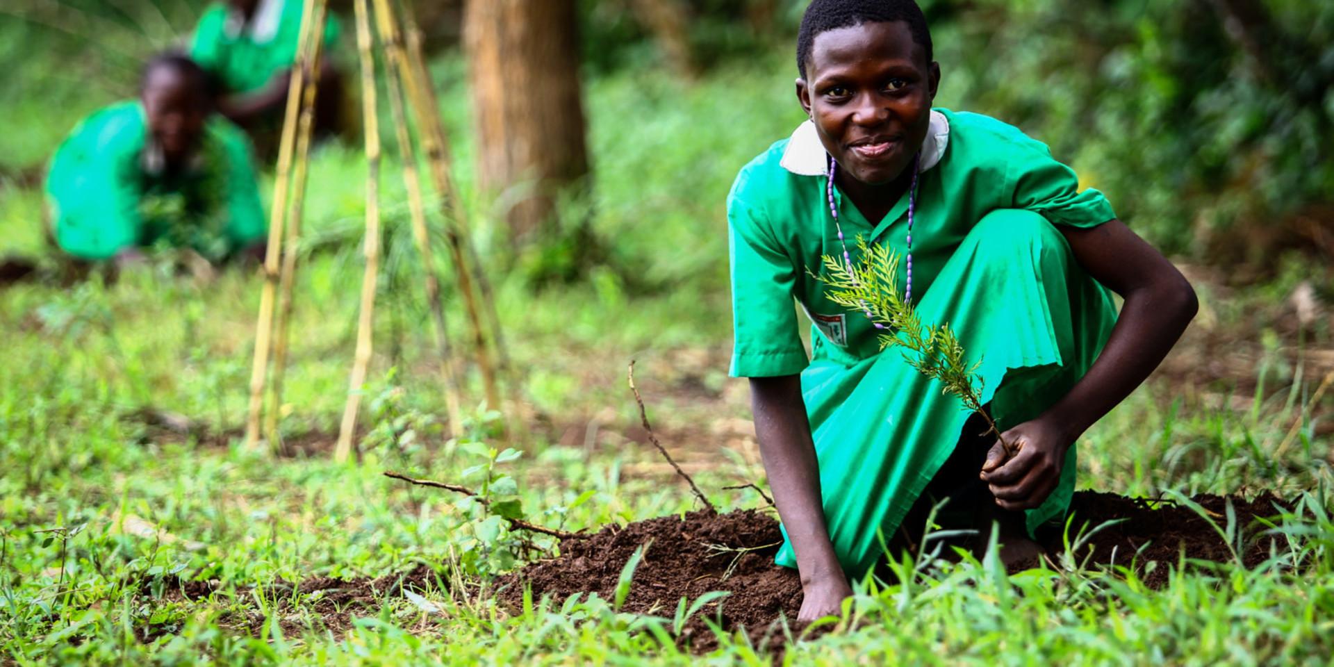 Nantale Teddy, St Kizito Kkungu Primary School, Uganda, får tack vare Vi-skogen lära sig hur man genom att odla träd och olika sorters grödor skyddar sig mot klimatförändringar.