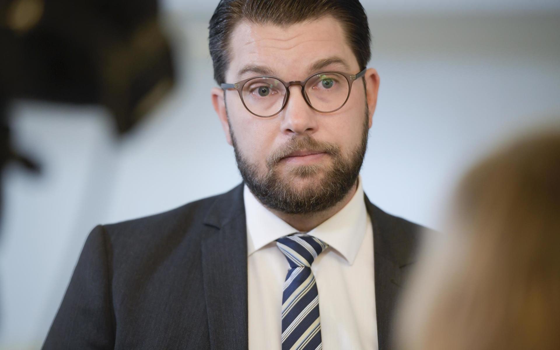 Sverigedemokraternas partiledare Jimmie Åkesson var glad efter att statsminister Stefan Löfven föll i misstroendeomröstningen.