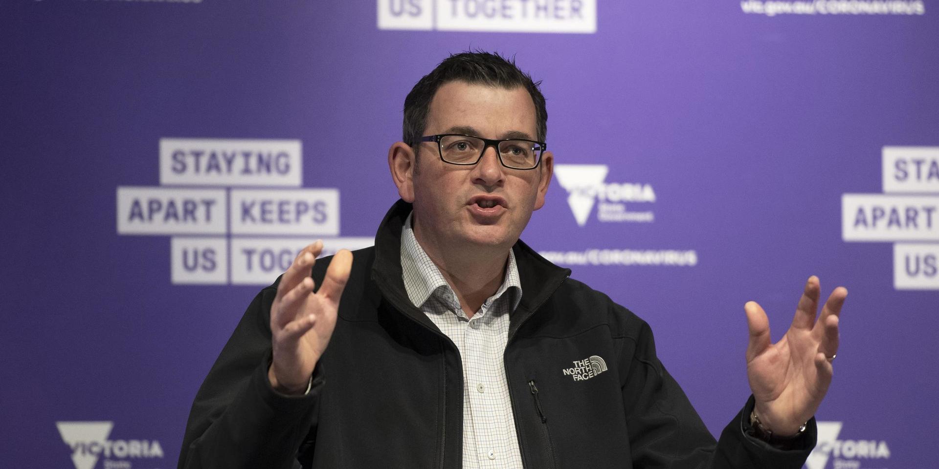 Daniel Andrews, premiärminister i den australiska delstaten Victoria, vid en presskonferens. 