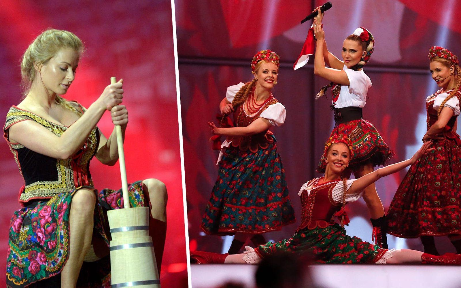 <strong>#11 Polen 2014: Donatan & Cleo, ”My Slowianie - we are Slavic”.</strong> Polen blev en stor snackis det här året, då deras bidrag bland annat innehöll en sekvens i vilken de kärnade smör (!) på scen på ett ganska utstuderat sätt. Foto: TT