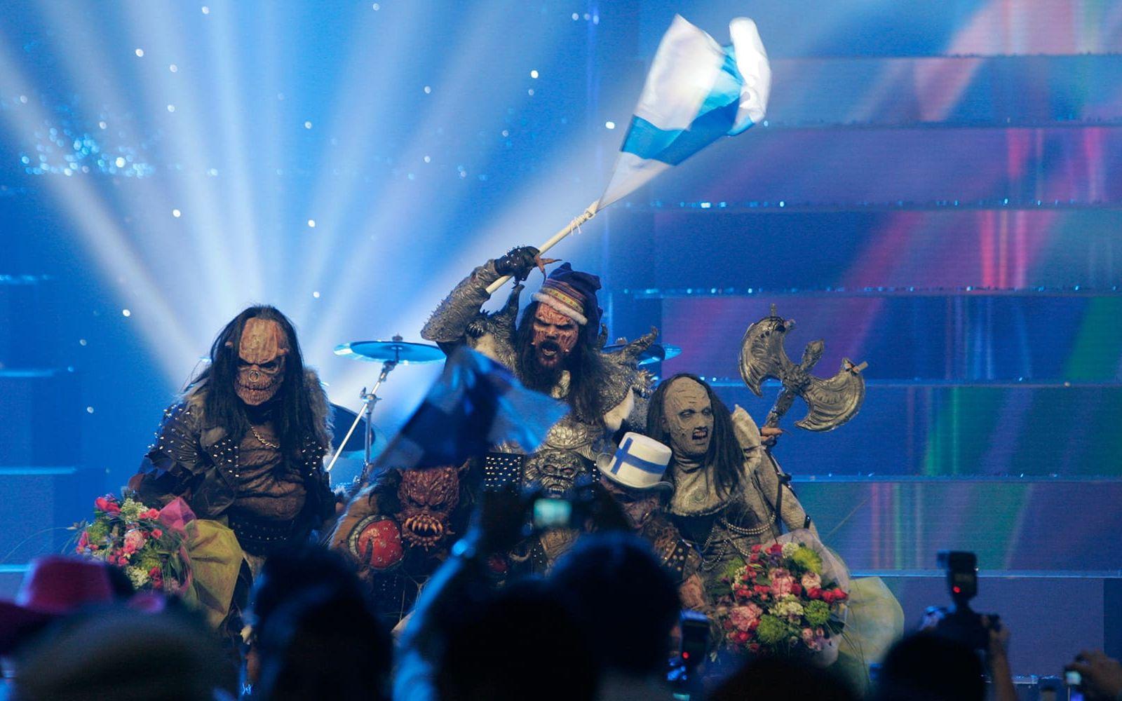 <strong>#7 Finland 2006: Lordi, ”Hard rock hallelujah”.</strong> Det sägs att somliga Eurovision-fans ännu inte hämtat sig från superskrällen som var ett faktum när skräckfigurerna från Finland rockade sig hela vägen till segern. Foto: TT