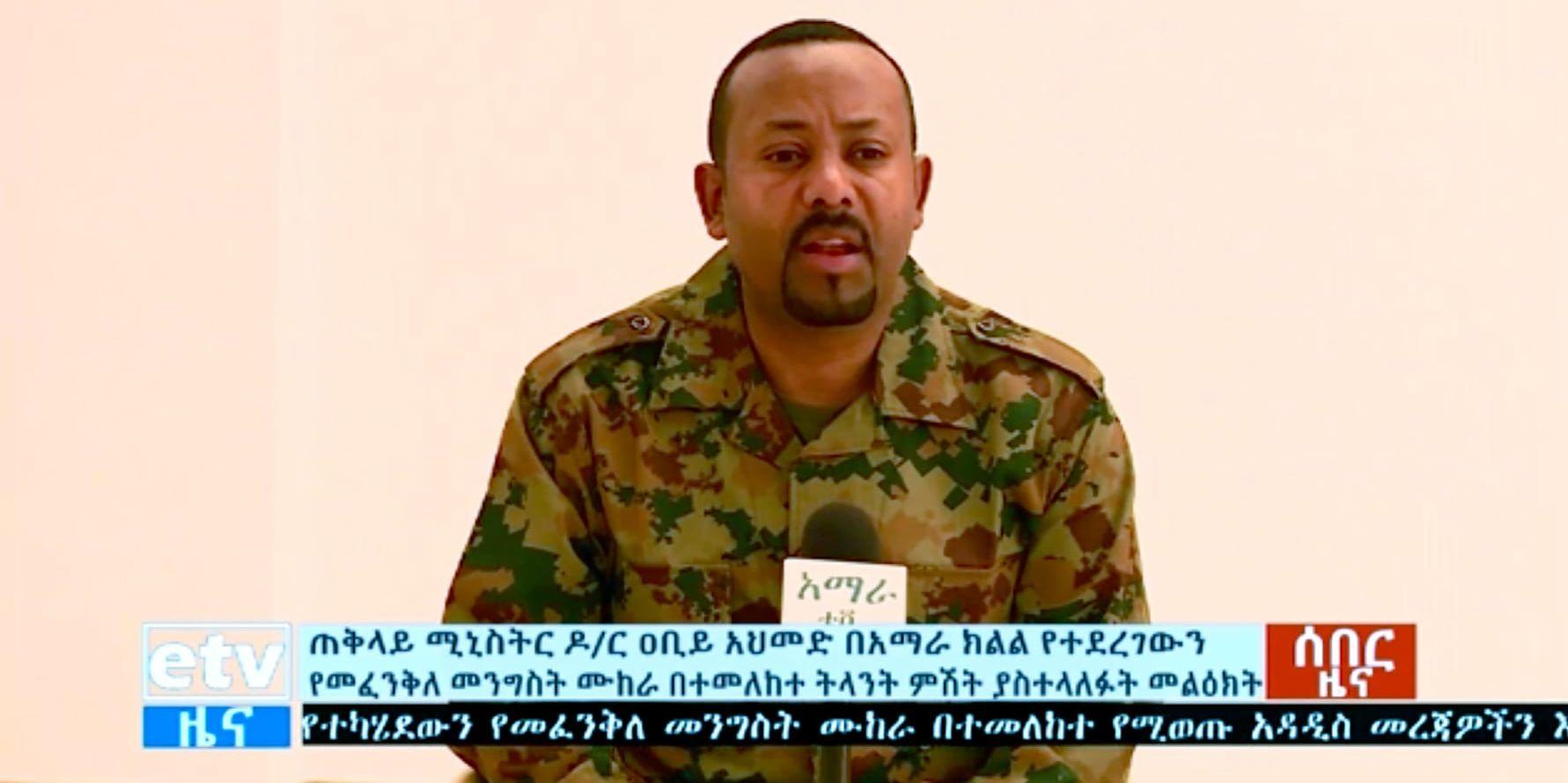 Etiopiens premiärminister Abiy Ahmed berättar om kuppförsöket i etiopisk tv.
