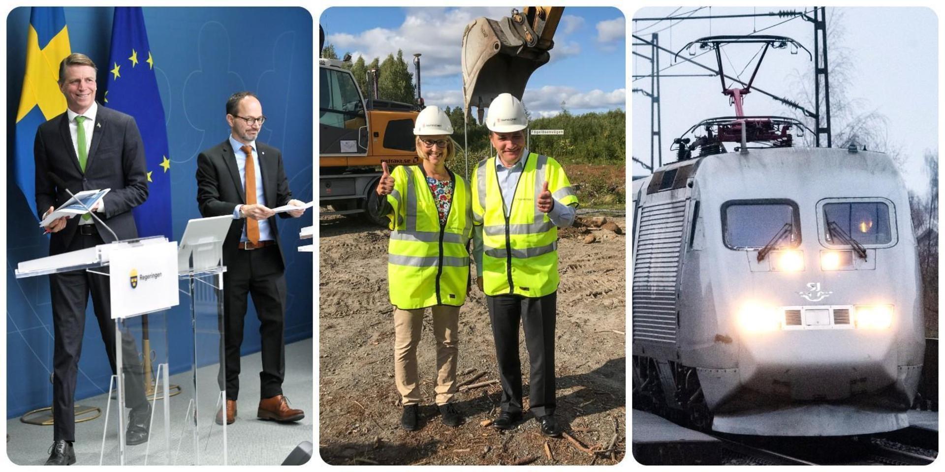 Per Bolund är gladare än Tomas Eneroth. Trafikverkets generaldirektör Lena Erixon och statsminister Stefan Löfven gör tummen upp för Norrbottniabanan. 