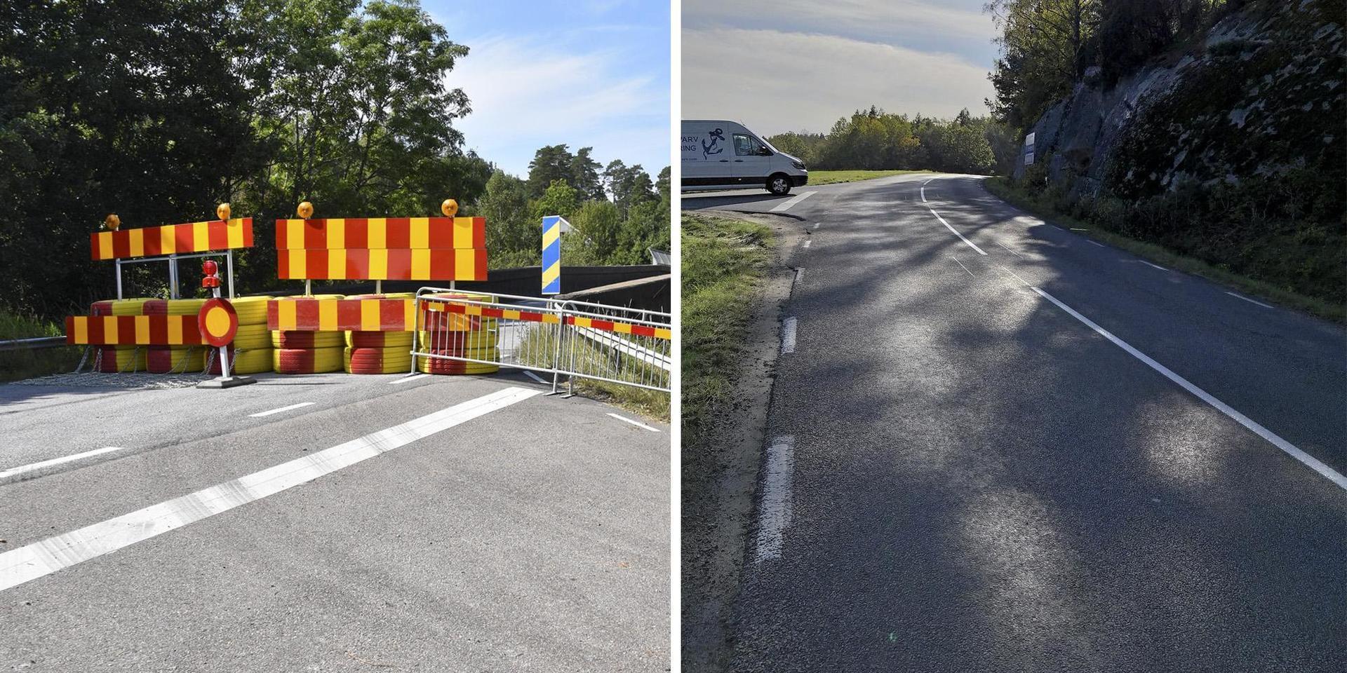 Brobygget vid Säm tvingar bilister att ta en annan väg. På bilden till höger syns den väg som trafiken leds om via mellan Tanumshede och Grebbestad. 