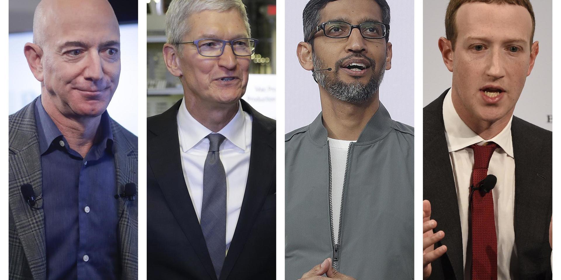 This combination of 2019-2020 photos shows Amazon CEO Jeff Bezos, Apple CEO Tim Cook, Google CEO Sundar Pichai and Facebook CEO Mark Zuckerberg. On Wednesday, July 29, 2020, the four Big Tech leaders will answer for their companies’ practices before Congress at a hearing by the House Judiciary subcommittee on antitrust. 